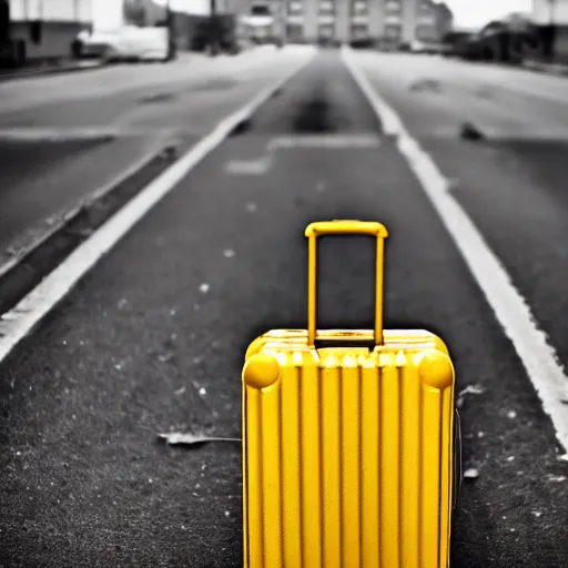 Prompt: Shot from below, of a ransacked empty luggage left on the ground, in a town filled with pale yellow mist. Dystopian. End of the world. Depth of field. Film grain. Award-winning photo. Sigma 40mm f/1.4 DG HSM