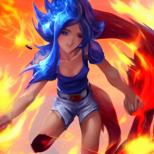 Image similar to Splash art, little anime girl league of legends style with a white t-shirt, red sleeves and regular blue jeans, has fire powers, her hair is made out of fire, her hands are on fire powerfull character, trending on artstation