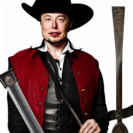 Image similar to photo of elon musk as a musketeer, he has a big black hat with a red feather, he is holding a shiny rapier sword, he is posing and looking straight to the camera, brown background, studio lighting, 4 k, 8 k