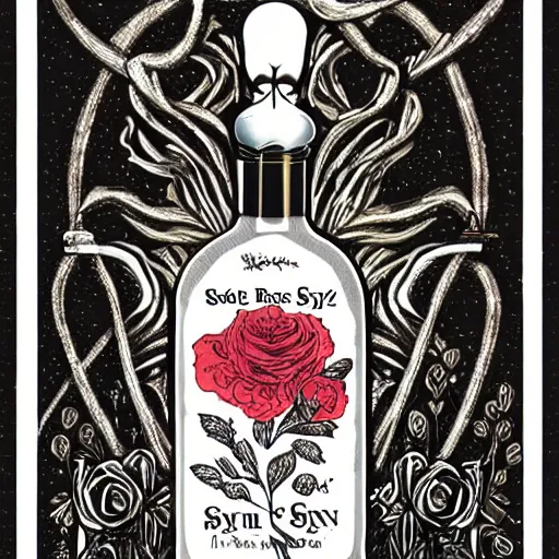 Prompt: exclusive edition illustration of a poem, roses and rosaries and razors and rye, smoke and sin and salts and syphon and slake, blessings of hell in a bottle,