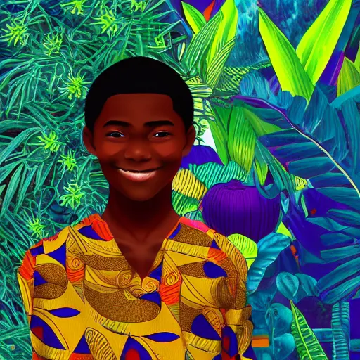 Prompt: smiling african teen boy, peaceful, meditating, colourful digital art, colourful jungle, trending on artstation, detailed - i