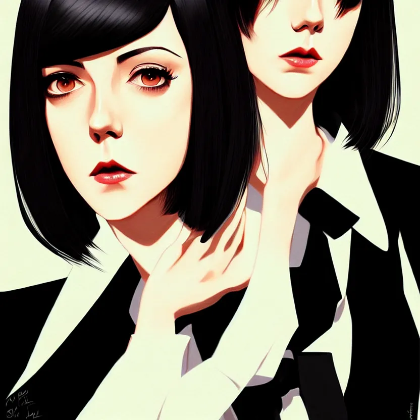 Image similar to jena malone, slim cruel business girl in tuxedo with black bob hair, elegant, 2 d, ultra highly detailed, digital painting, smooth, sharp focus, artstation, art by ilya kuvshinov!