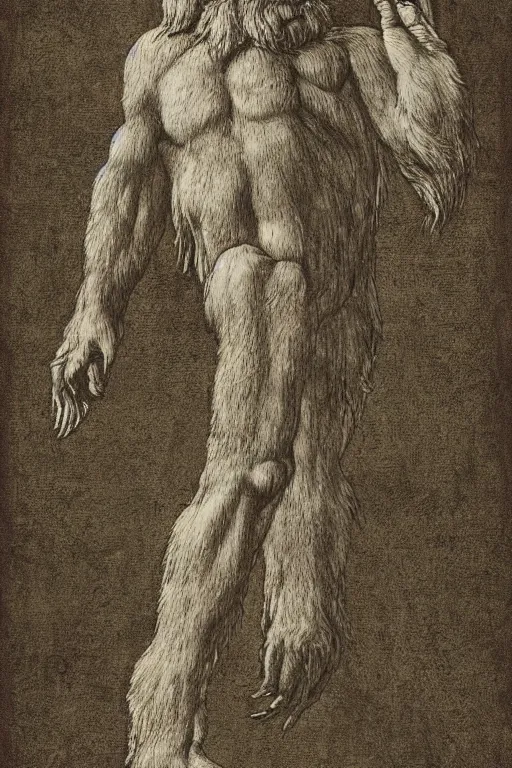 Prompt: detailed illustration, bigfoot in the style of leonardo da vinci,