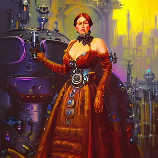 Prompt: steampunk portrait of cyborg queen victoria by paul lehr