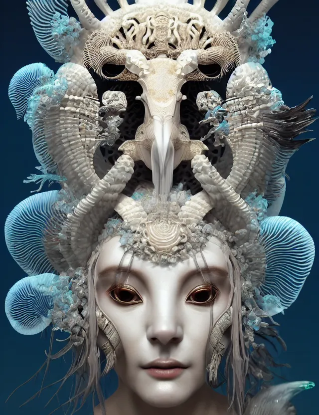 Image similar to 3 d goddess close - up 3 / 4 portrait with ram skull. beautiful intricately detailed japanese crow kitsune mask and clasical japanese kimono. betta fish, jellyfish phoenix, bio luminescent, plasma, ice, water, wind, creature, artwork by tooth wu and wlop and beeple and greg rutkowski