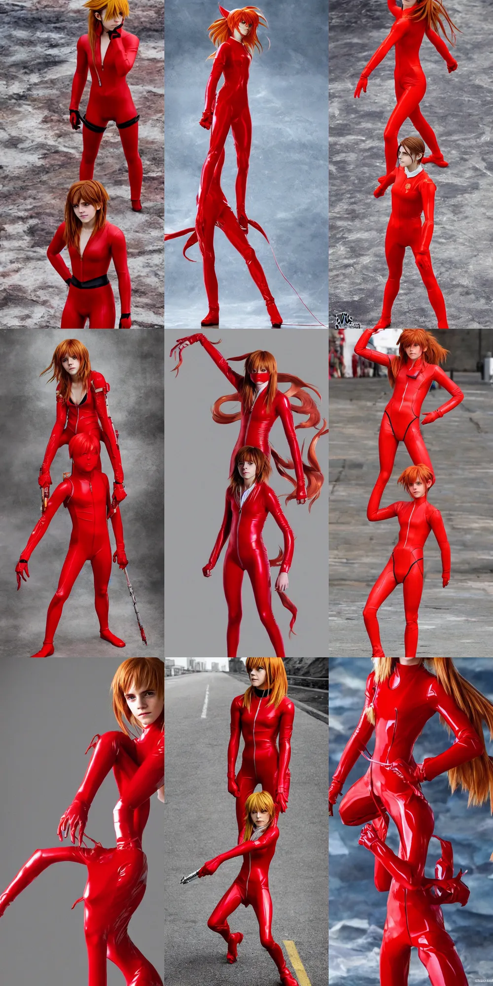 Prompt: Emma Watson cosplaying as Asuka Langley!!! in her signature red plugsuit , solo photoshoot , DSLR , wallpaper , cosplay , full body , cinematic 4K blu-ray , japanese live-action movie