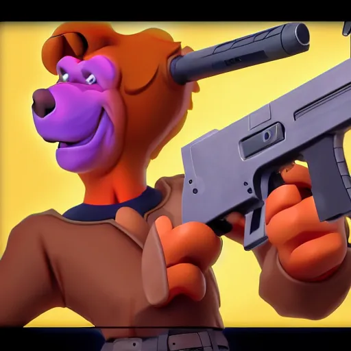 Image similar to Scooby Doo holding a gun, anime, trending on artstation, highly detailed, 8k, beautiful, dynamic lighting, realistic fur