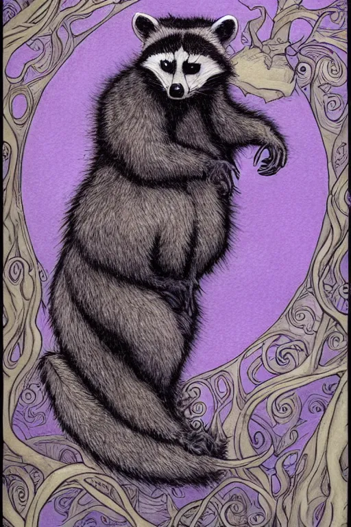 Image similar to purple stelar raccoon in the style of Rebecca Guay, high resolution 4k