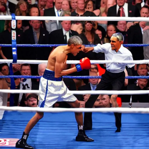 Image similar to obama boxing joe biden, photo, mid fight, intense