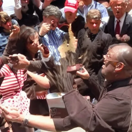 Image similar to donald j. trump shooting chocolate pudding from his hands onto liberals, chocolate pudding spraying from hands