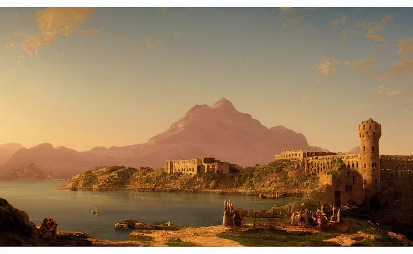 Image similar to large roman port city with a castle on a hill overlooking the ocean, at dusk, distant mountains, 4k, rule of thirds, extreme detail, hazy water, intricate ink illustration, trending on artstation, cgsociety, hd, calm, complimentary colours, realistic lighting, by Albert Bierstadt, Frederic Edwin Church.