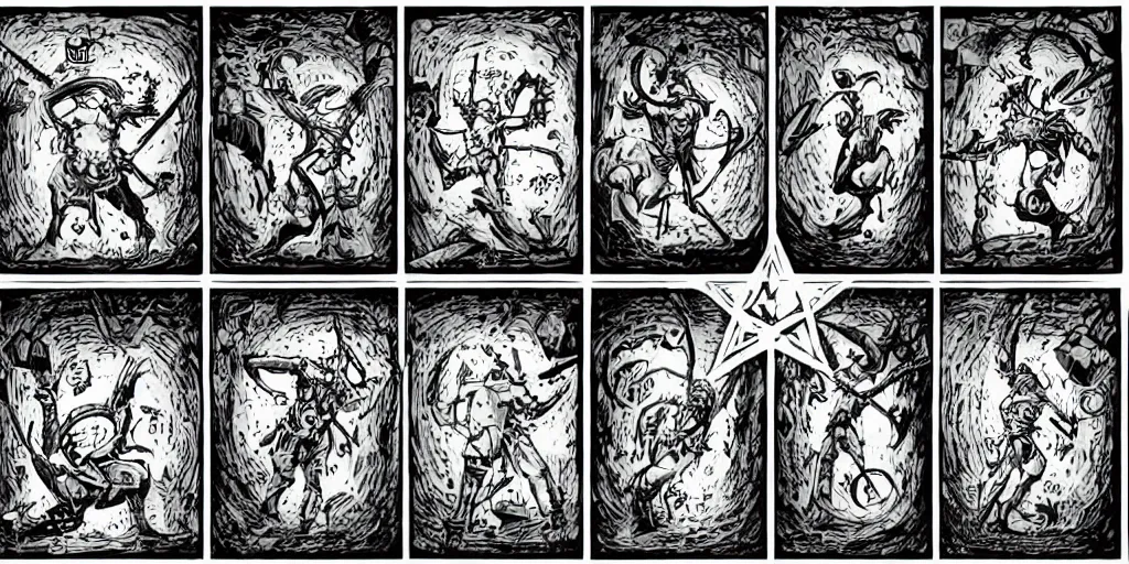 Prompt: duotone olive comic panel illustrations of ancient catacombs dark fantasy sigils runes magic wizard fighting a _ golem compositi