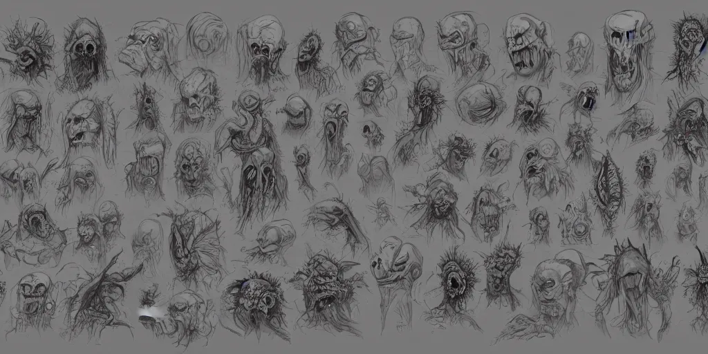 Image similar to Lovecraftian horror design, character sheet, kim jung gi style, Greg Rutkowski, Zabrocki, Karlkka, Jayison Devadas, trending on Artstation, 8K, ultra wide angle, zenith view, pincushion lens effect