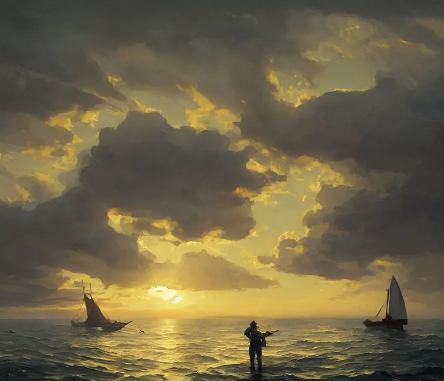 Prompt: alicia vikander as a male sailor. watches the sunset. confident pose. lush landscape. concept art by greg rutkowski, john j. park, jason chan, noah bradley, feng zhu, gintas galvanauskas, gustave courbet, rosa bonheur, edward hopper. sharp focus, cinematic atmosphere, detailed and intricate, perfect anatomy