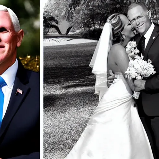 Prompt: mike pence and kyrsten sinema get married, photorealistic, wedding photography, very detailed,