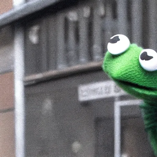 Prompt: CCTV footage of Kermit the Frog robbing a bank