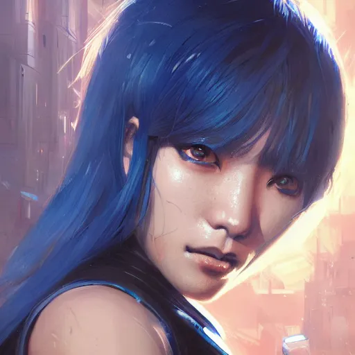 Image similar to Very detailed masterpiece painting of a young female asian cyberpunk warrior with dark blue hair, portrait, artstation, concept art by Greg Rutkowski