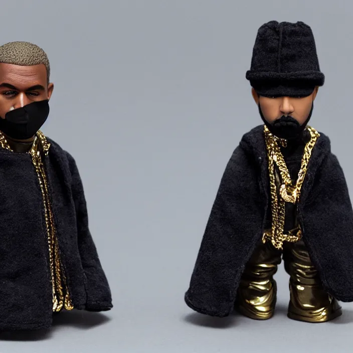 Image similar to a goodsmile figure of kanye west using a black face - covering mask made of cloth with small holes, a blue undersized open puffer jacket, a black shirt underneath, small gold chain, and black rubber boots, figurine, detailed product photo