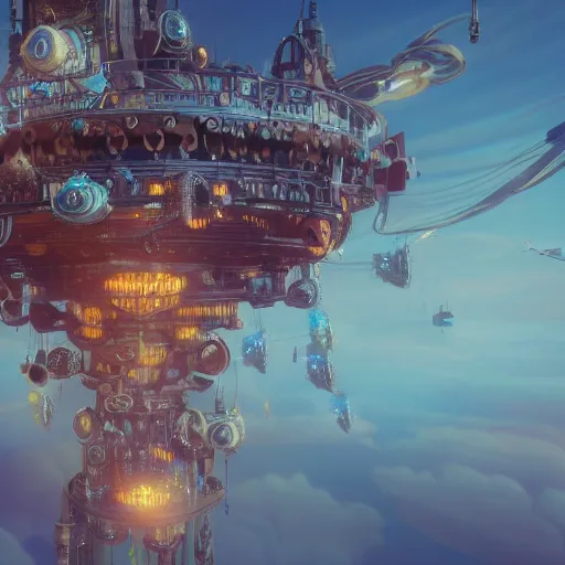 Image similar to flying city in a mechanical flower, sky, fantasy art, steampunk, masterpiece, unreal 5 render