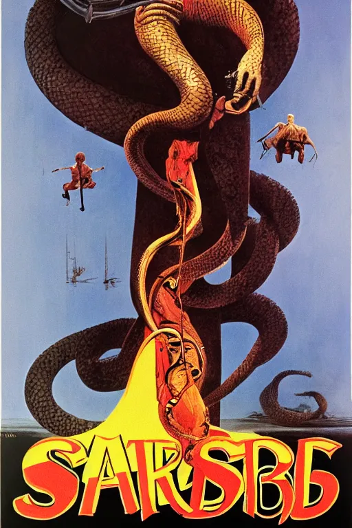 Image similar to poster for the 1 9 7 1 movie'snake'er up ', directed by federico fellini, starring donald sutherland and uncle aloysius, art direction by wayne barlowe, glenn fabry and frank frazetta, cinematography by robby muller ), crisp