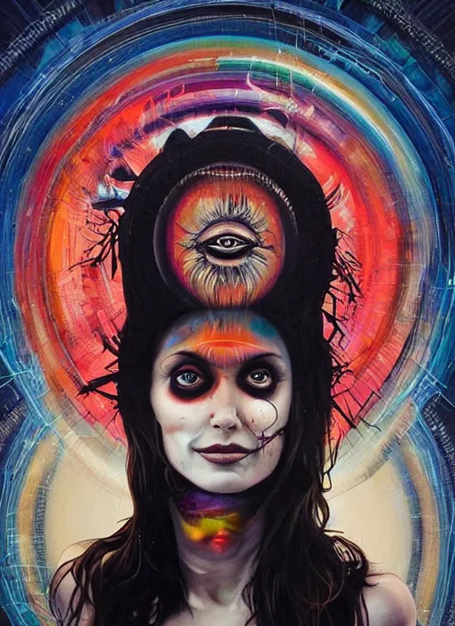 Image similar to gorgeous magic cult psychic woman smiling, third eye, subjective consciousness psychedelic, epic surrealism expressionism symbolism, story telling, iconic, dark robed, oil painting, symmetrical face, dark myth mythos, by Sandra Chevrier, Noriyoshi Ohrai masterpiece