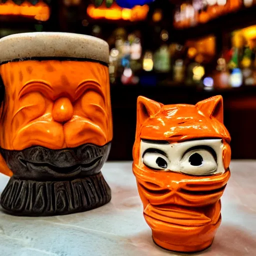 Image similar to a closeup photorealistic photograph of an orange cat garfield style tiki mug at a trader vic's bar with garfield's face on the front. tiki party. bright scene. fine detail. this 4 k hd image is trending on artstation, featured on behance, well - rendered, extra crisp, features intricate detail, epic composition and the style of unreal engine.