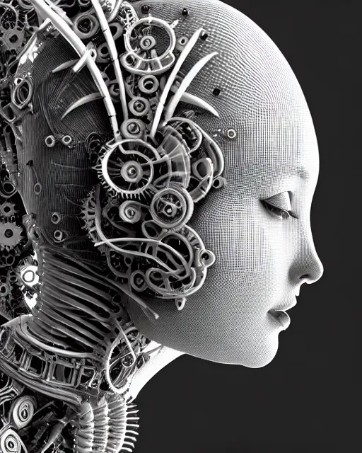 Image similar to mythical black and white organic bio-mechanical spinal ribbed profile face portrait detail of mechanical beautiful female angelic-vegetal-cyborg, highly detailed, intricate steampunk ornate, poetic, 3D render, digital art, octane render, 8K artistic photography, photo-realistic, by Dora Maar