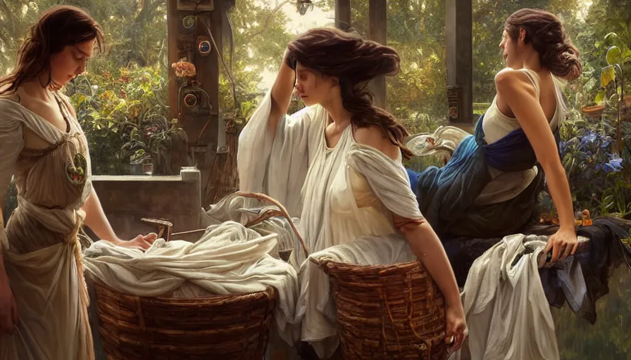 Image similar to perfectly-centered-Portrait of the most beautiful people on the planet, river, washing clothes, intricate, highly detailed, digital painting, artstation, concept art, smooth, sharp focus, illustration, Unreal Engine 5, 8K, art by artgerm and greg rutkowski and alphonse mucha