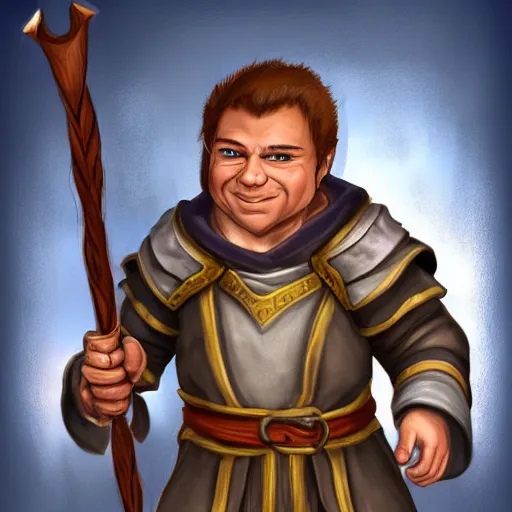 Image similar to baldurs gate 2 portrait of a male halfling cleric with defined cheekbones, dark blonde hair tied in a ponytail, wearing a brown and white robe with a white and brown cloak, wry smile