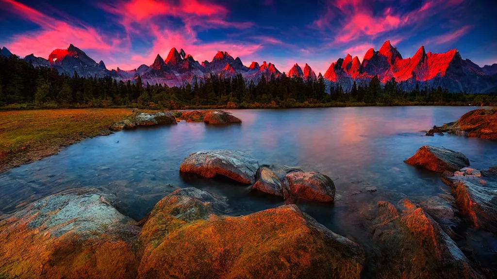 Image similar to amazing landscape photo of mountains with lake in sunset by marc adamus, beautiful dramatic lighting