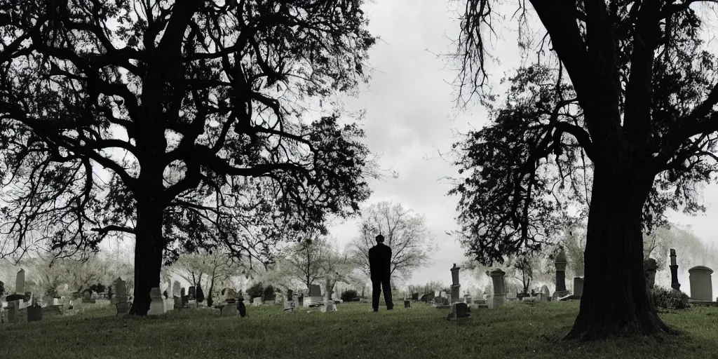 Image similar to Photo of a man in black near a tree in the cemetery looking into the distance