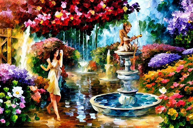 Prompt: flowers and fountains in valley village by arthur adams, charlie bowater, leonid afremov, chiho ashima, karol bak, david bates, tom chambers