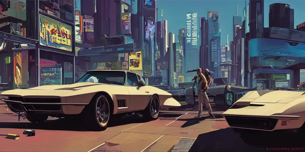 Image similar to art style by Ben Aronson and Edward Hopper and Syd Mead, wide shot view of the Cyberpunk 2077, on ground level. full view of the Corvette 1969 with wide body kit modification.