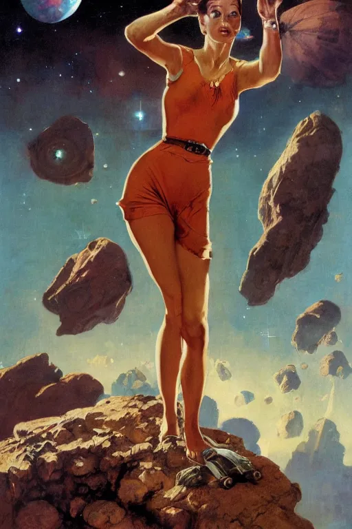 Image similar to 5 0 s pulp scifi fantasy illustration full body portrait slim woman on rocky mars, background of spaceship space nebula, by norman rockwell, roberto ferri, daniel gerhartz, edd cartier, jack kirby, howard v brown, ruan jia, tom lovell, frank r paul, jacob collins, dean cornwell, astounding stories, amazing, fantasy, other worlds