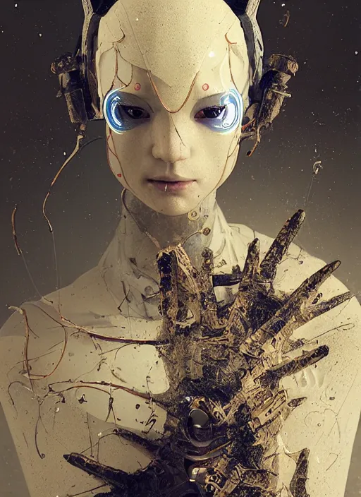 Image similar to portrait of a futuristic geisha cyborg, kintsugi, modern fine art, fractal, intricate, elegant, highly detailed, digital photography, subsurface scattering, by jheronimus bosch and greg rutkowski,