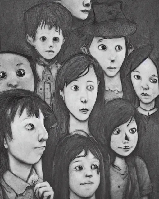 Image similar to group of creep children staring out, black and white character portrait, ultra realistic, concept art, intricate details, war, cinematic, highly detailed by grant wood