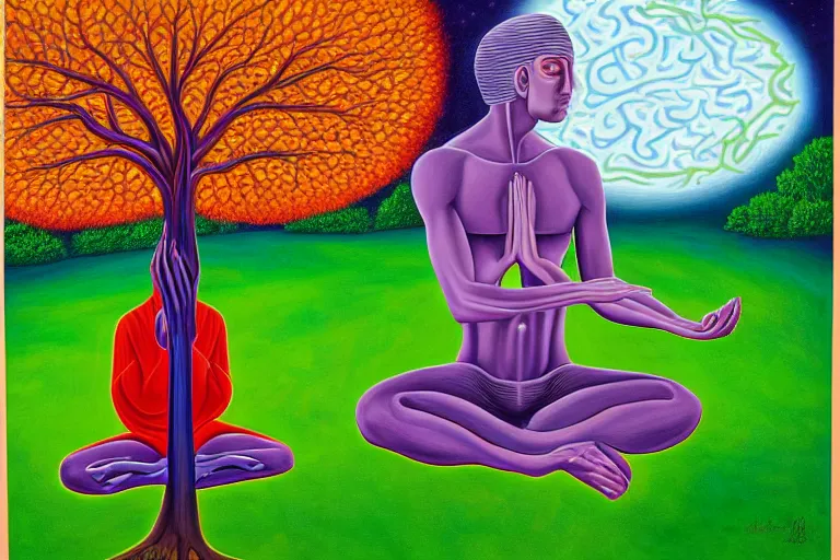 Image similar to painting of a depressed man meditating under a tree by alex grey, acrylic art, sad, soothing, somber, elegant, soft light,