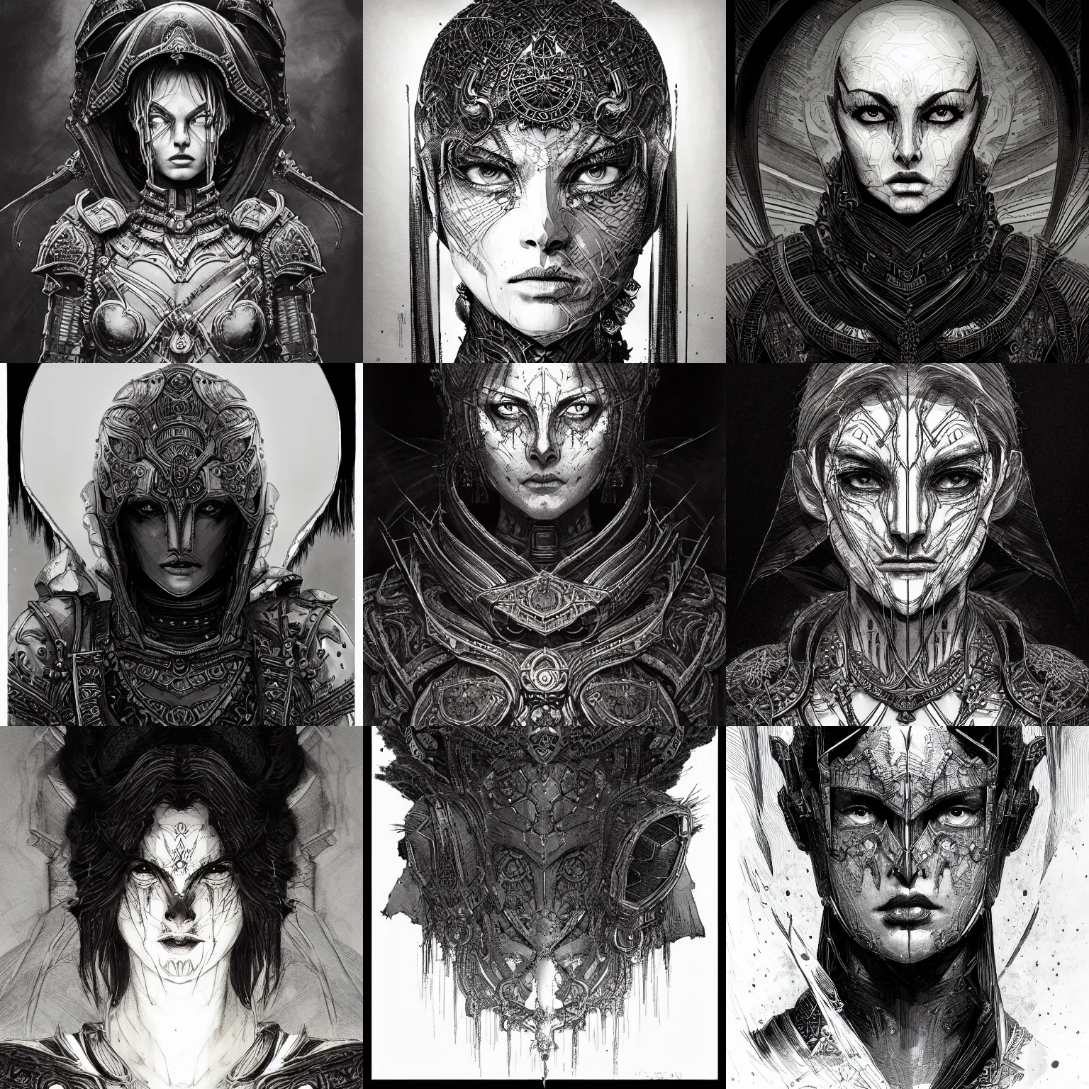 Prompt: Gloomhaven symmetrical portrait of female paladin, pen and ink, black and white, intricate line drawing in style by John Harris, Emil Melmoth, Craig Mullins, yoji shinkawa , artstation, moebius comic, Marc Simonetti, Ian McQue, Kentaro Miura, hyper detailed, cinematic, digital painting, high details, 8k, hyperrealistic, artstation, cinematic, no blur