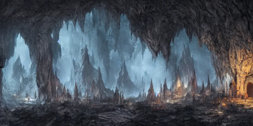 Prompt: a dimly lit elven city inside a dark and rainy cave, viewed from a distance, buildings carved out of stone, archways between stalagtites, dripping stalagtites, detailed buildings, 4 k digital art, trending on artstation, high quality,