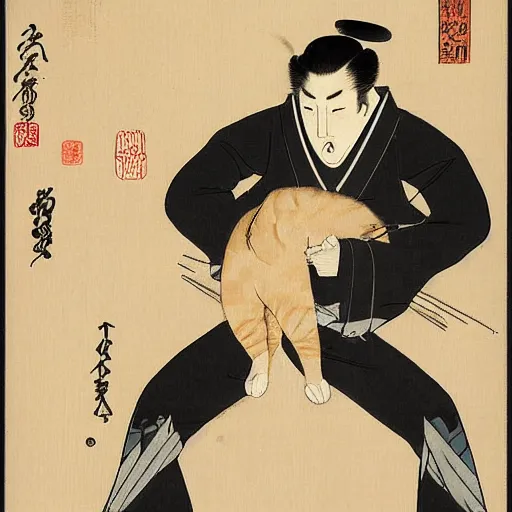 Image similar to angry japanese man with cat perched on his shoulder, vintage, painting by utamaro