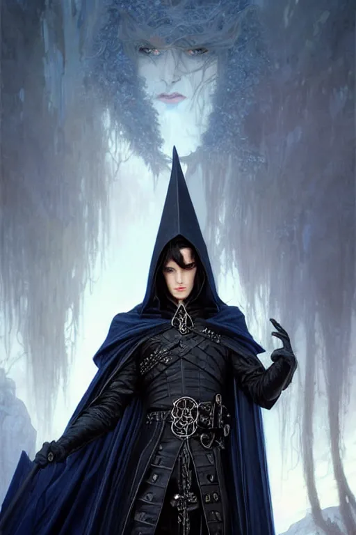 Image similar to handsome male fighting a giant, long black hair blue eyes wearing cloth mantle gothic navy cloak with leather details, cliffside town, fantasy character portrait, ultrarealistic, intricate details, elegant, cinematic lighting, highly detailed, artstation, dnd art, cgsociety, sharp focus, beautiful digital painting by artgerm, gerald brom, wlop, alphonse mucha