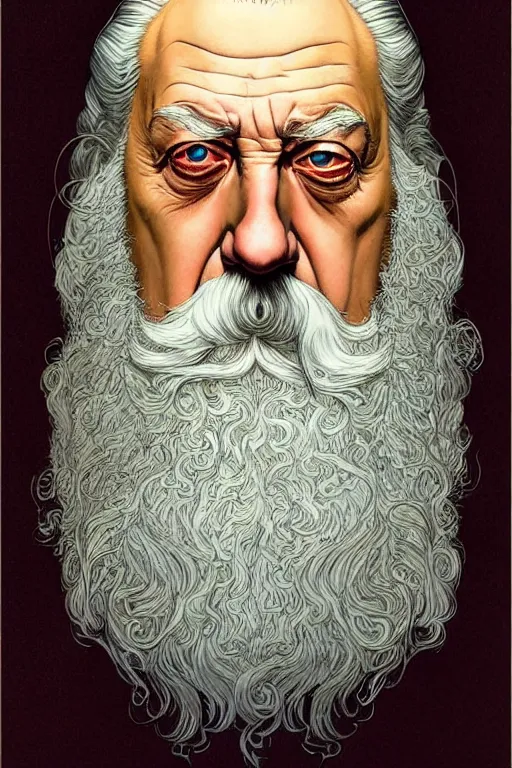 Prompt: Alan Moore portrait, art by Joshua Middleton and Norman Rockwell, wide shot, stunning elegant, futuristic spy, tribal mask, beautiful evil sneer, symmetrical face, symmetrical eyes, badass clothing, long white hair, full body, character design, fibonacci pattern