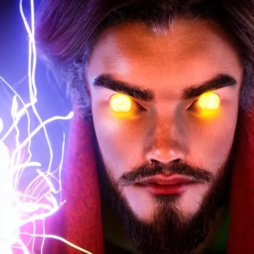 Image similar to a male wizard, glowing, frontal view, cool looking, high resolution