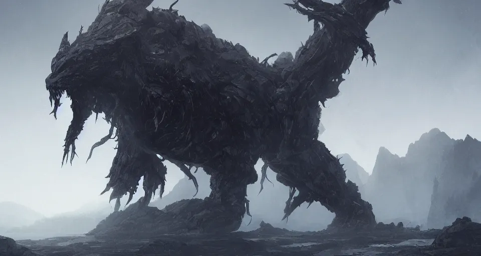 Image similar to a giant monster with many limbs crawling across a misty mountainous landscape, dramatic lighting, illustration by francois baranger, greg rutkowski, yoji shinkawa, 4 k, digital art, concept art, trending on artstation