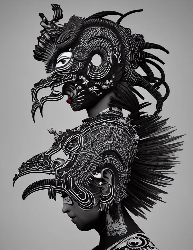 Image similar to 3 d goddess close - up profile portrait punk with mohawk with ram skull. beautiful intricately detailed japanese crow kitsune mask and clasical japanese kimono. betta fish, jellyfish phoenix, bio luminescent, plasma, ice, water, wind, creature, artwork by tooth wu and wlop and beeple and greg rutkowski