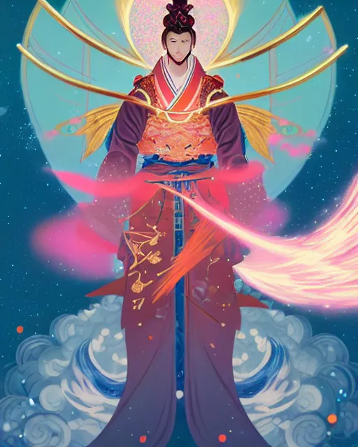 Image similar to a character portrait of only one male angel samurai with golden fiery wings, surrounded with spiriling sparkling rose crystals and galaxies, by peter mohrbacher, hyper light drifter, ukiyo - e trending on artstation