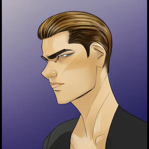 Image similar to a tall, lean man with light tan skin, blue eyes, and shoulder - length, slicked - back blonde hair combed down to the nape of his neck, long face with sunken cheeks and a well defined jawline, three vertical scars over his left eye, dressed casually, art by artgerma