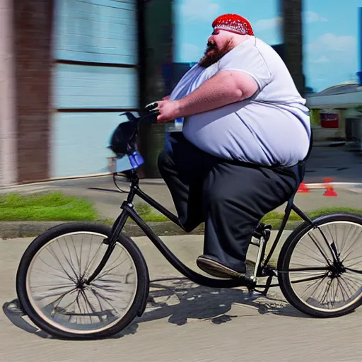 Prompt: a very fat man riding a tiny bicycle 8k real