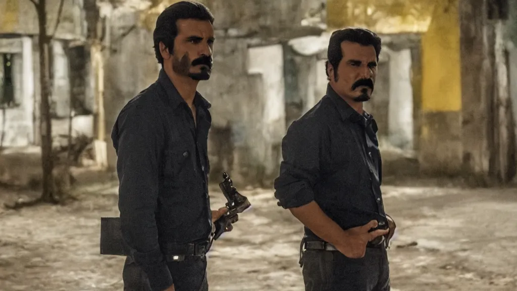 Prompt: A still of El Mencho from the Narcos: Mexico TV show, yellow lighting