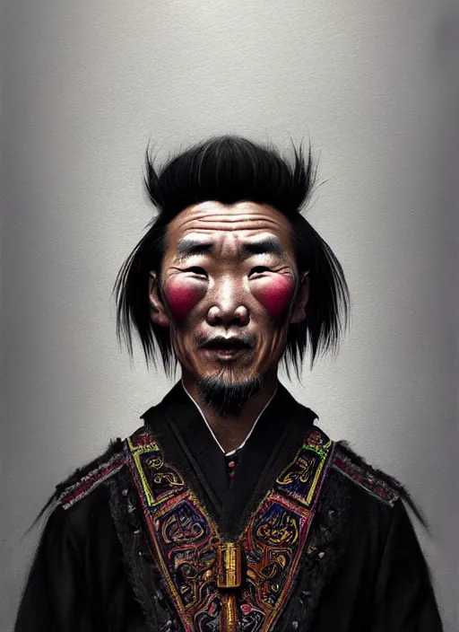 Prompt: portrait of a mongolian man with a crooked nose and a confident expression, 1 9 6 0 s, black clothes, goth, punk, brightly coloured hair, funk, intricate, elegant, highly detailed, digital painting, artstation, concept art, smooth, sharp focus, illustration, art by wlop, mars ravelo and greg rutkowski